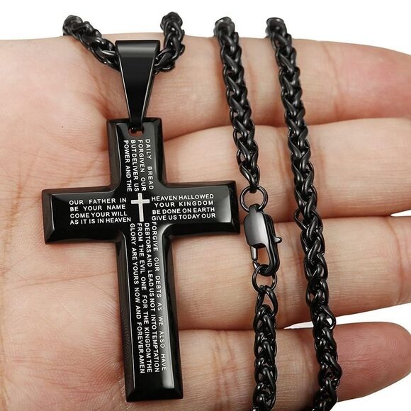 Men’s Black Cross Necklace Lords Prayer - Picture 1 of 6
